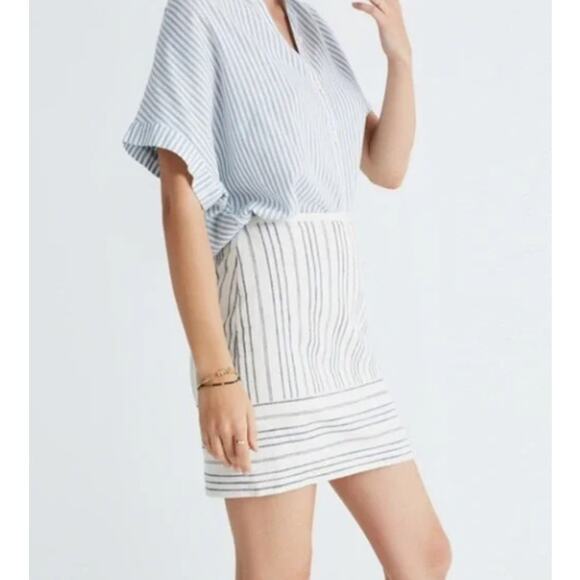 Madewell Linen Gamine Mini Skirt in Stripe Play White Blue Mini Skirt sz 4 - Picture 2 of 11